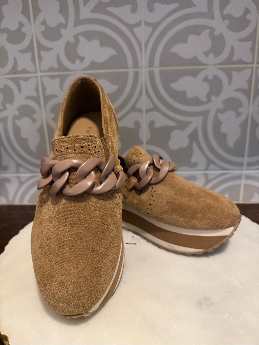 Pierre Dumas Tan Suede Platform Slip-On Loafers with Chain Accent - Picture 2 of 10
